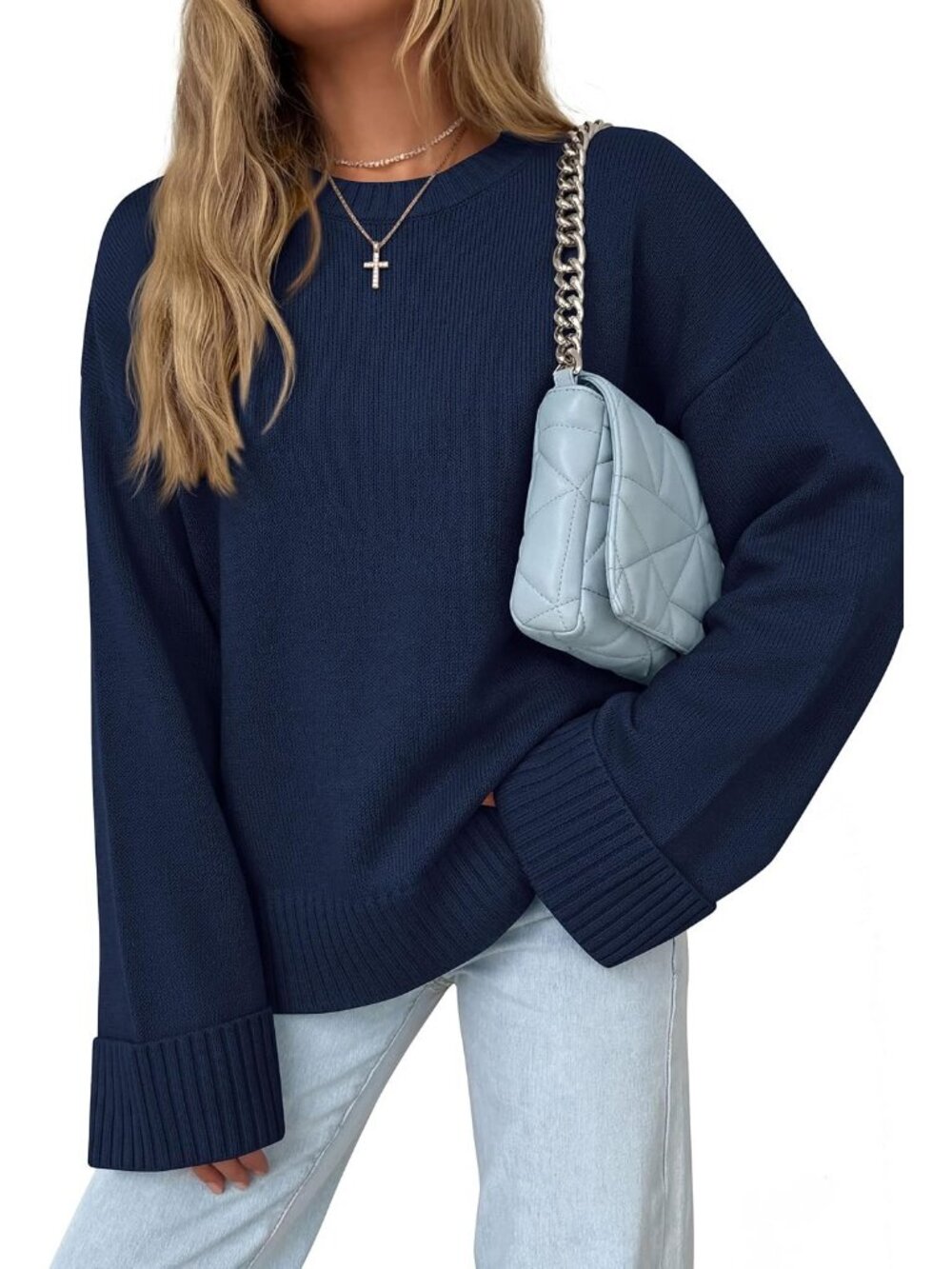 Women's Navy Blue Crewneck Long Sleeve Solid Ribbed Knit Top Oversized Sweater